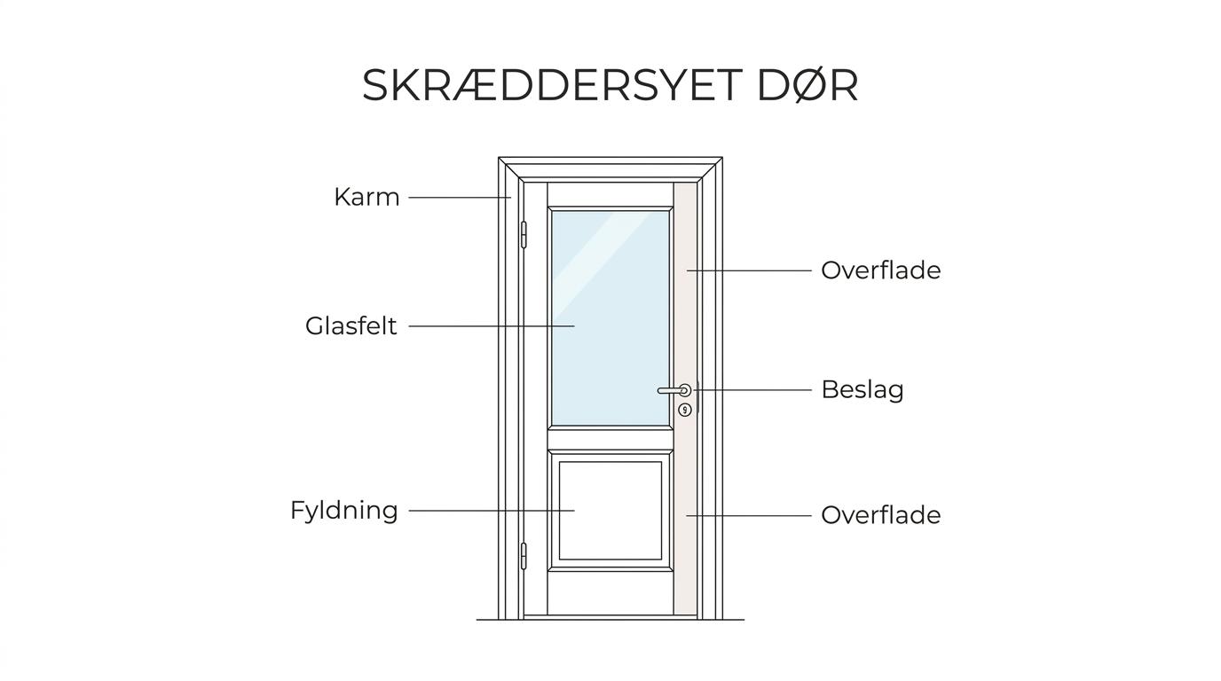 Labeled interior panel door with glass, showing the glass field, frame, lower panel, profile, hinges, handle and finish options.