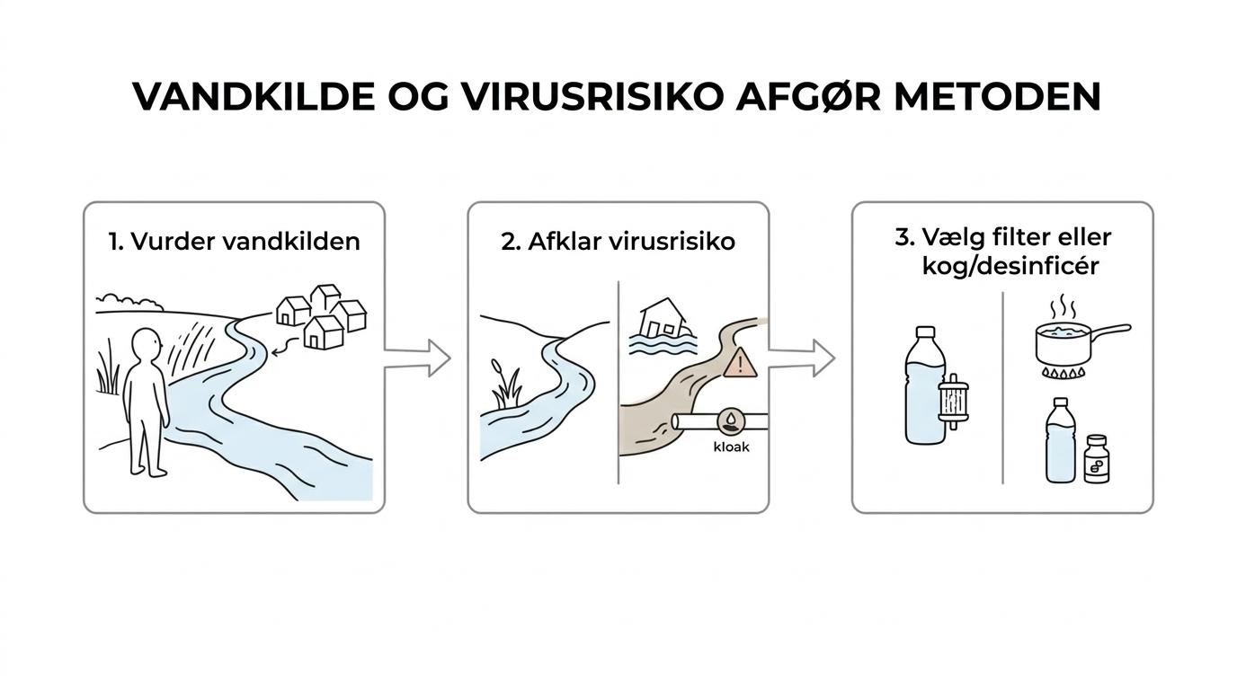 En trinvis oversigt over valg af vandbehandling fra kildevurdering til mikrofilter, kogning eller desinfektion.