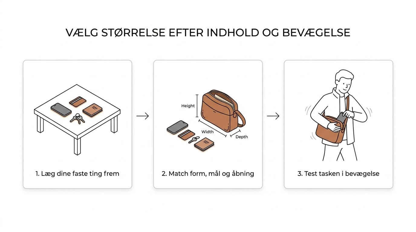 7 små skuldertasker i læder til dame på farten hver dag 1 Tre trin viser hvordan man vælger den rigtige lille skuldertaske ud fra indhold, taskens form og test i bevægelse.