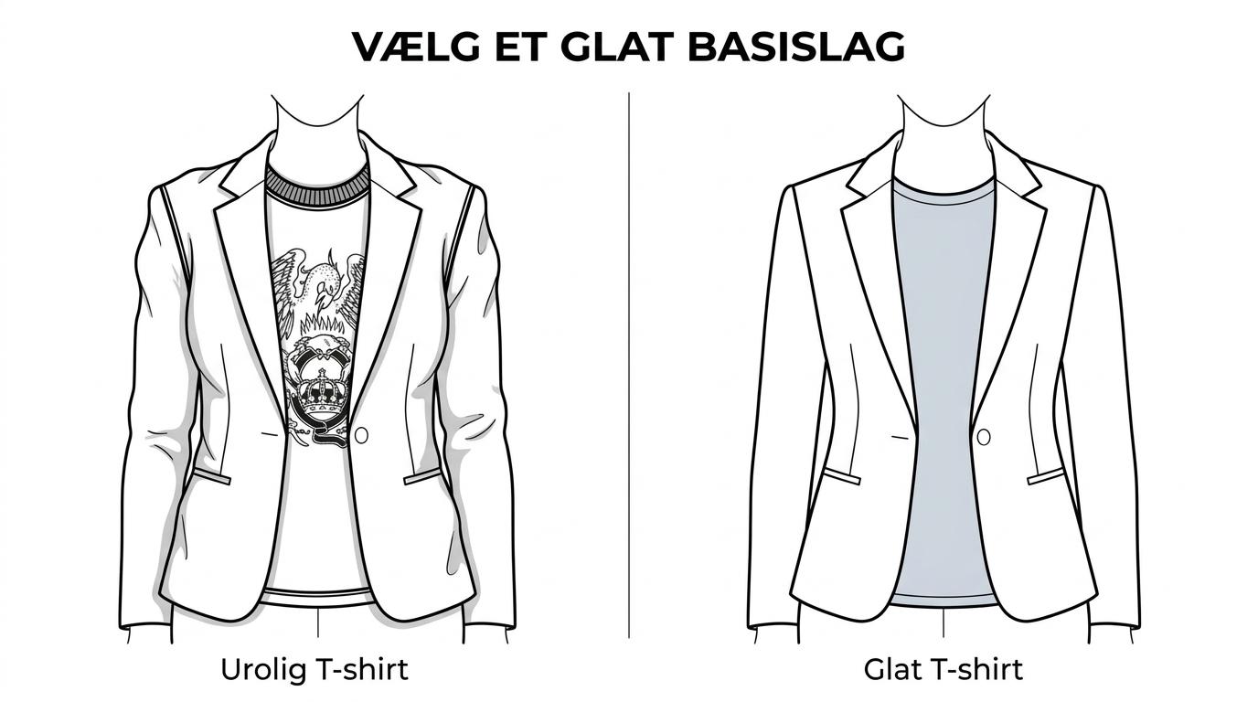 Side om side ses en dame i blazer med en glat, let tætsiddende crew neck T-shirt og en dame i blazer med en tykkere, mere klumpende T-shirt.