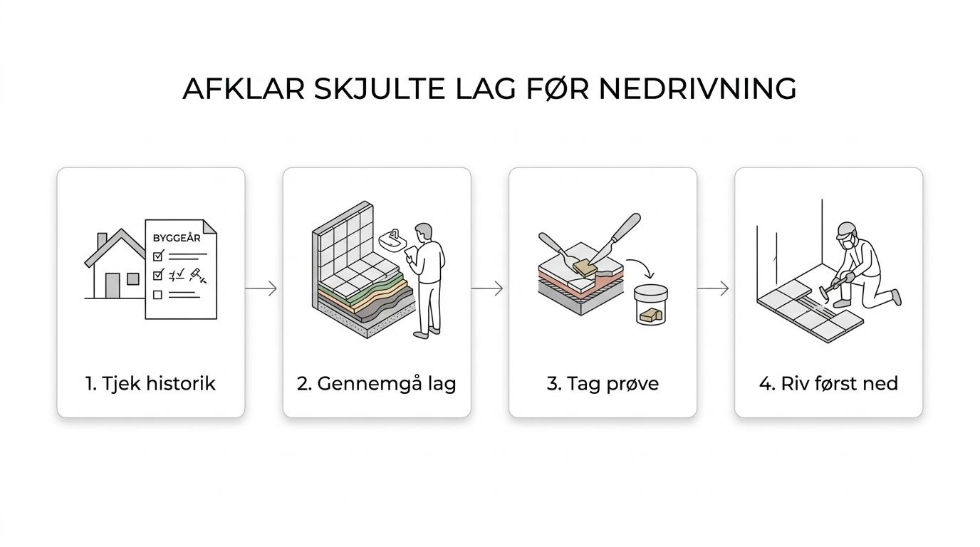 Procesdiagram over rækkefølgen før renovering: historik, visuel gennemgang, risikomaterialer, prøvetagning og derefter arbejde.