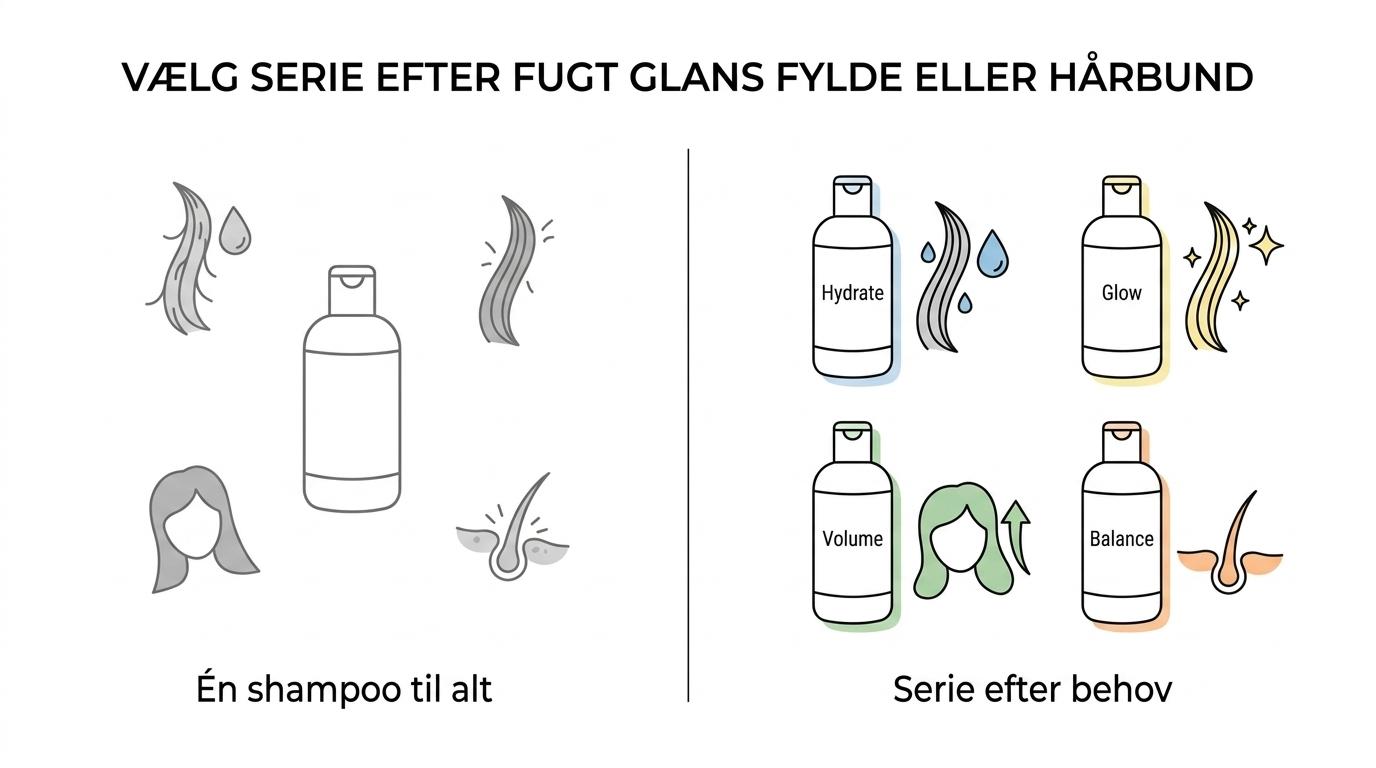 Sammenligning af Hydrate, Glow, Volume, Balance og Balance Scrub med deres vigtigste hårbehov og hverdagsfordele.