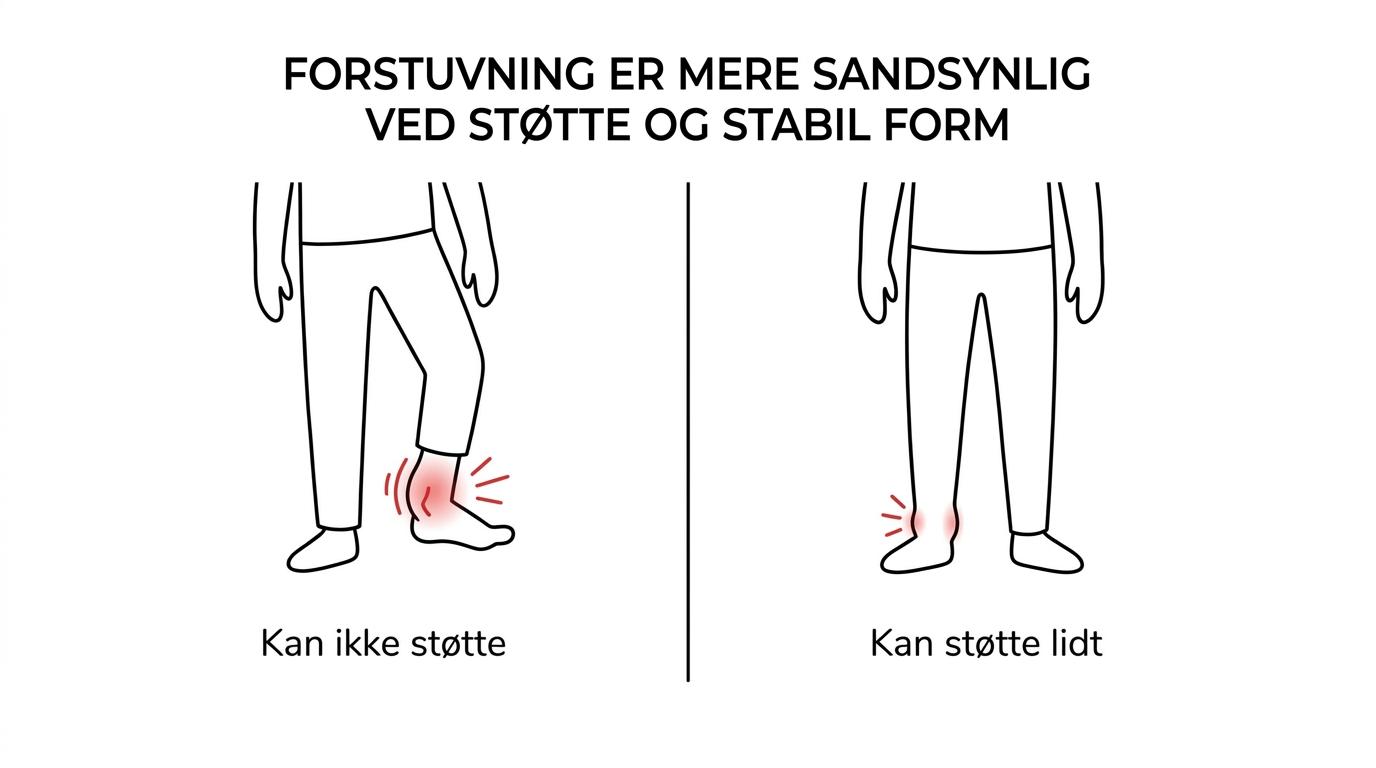 Sammenligning af ankelforstuvning og brækket ankel med typiske tegn som hævelse, støtteevne, stabilitet og deformitet.