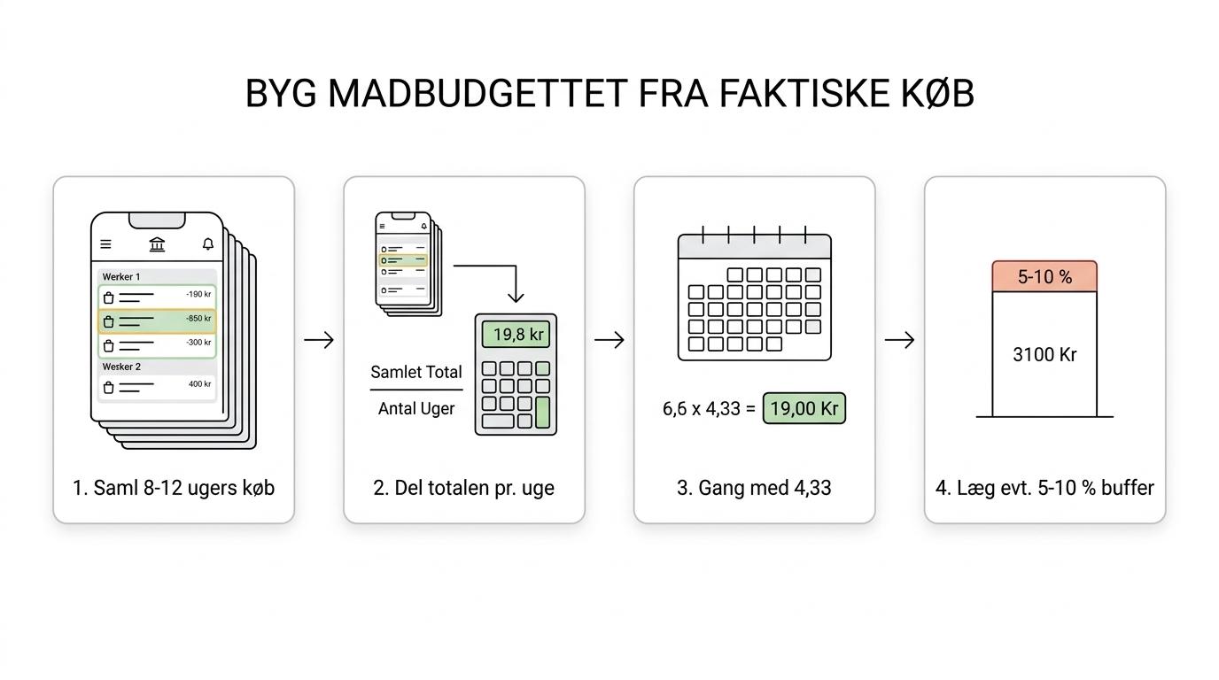 Trinvis oversigt over, hvordan dagligvarekøb fra de seneste 8 til 12 uger bliver til ugeforbrug, månedsbudget, buffer og ugeloft.