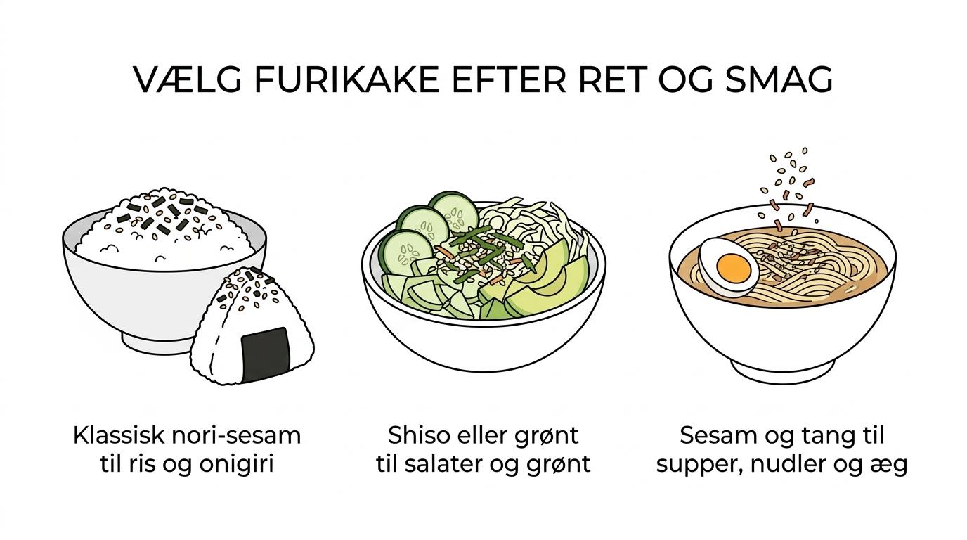 Oversigt over syv typer furikake med korte noter om smag og de retter, de passer bedst til.