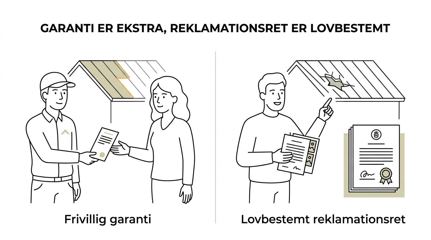 Side-by-side comparison of voluntary guarantee, complaint rights for goods, and complaint rights for roof treatment services.