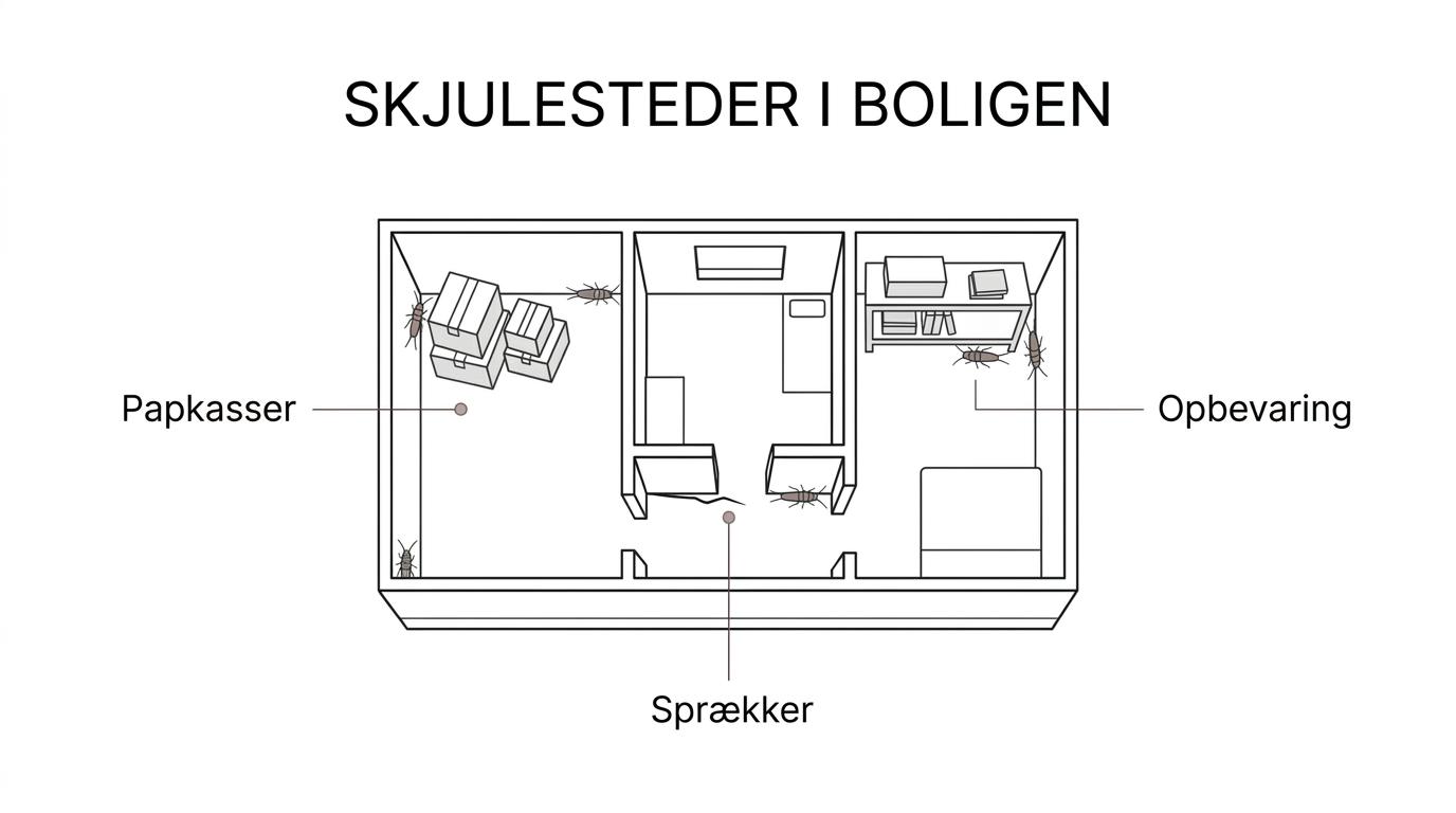 Tværsnit af en bolig med markeringer af skægkræ i papkasser, revner, opbevaring, på vægge og mellem flere rum.