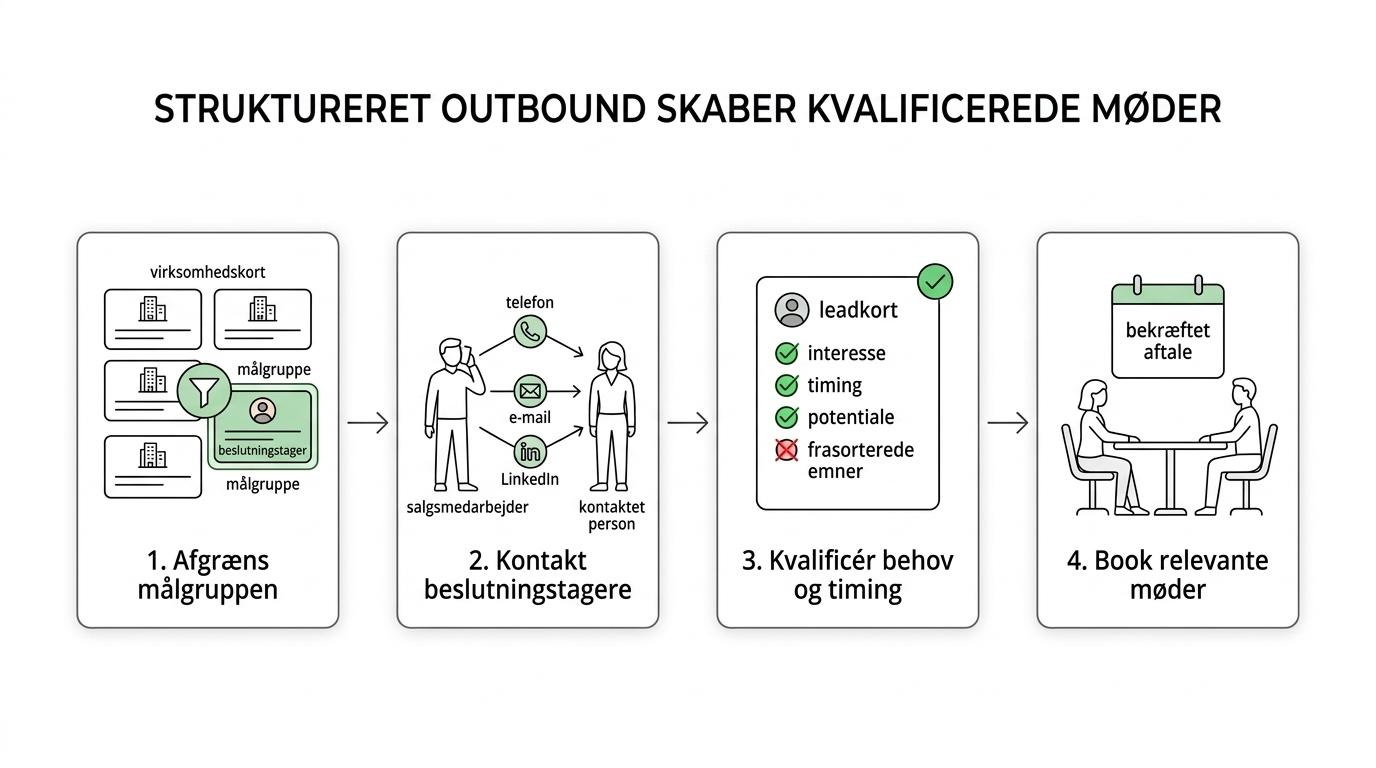 Et procesdiagram, der viser B2B-salgsoutsourcing fra målgruppe og første kontakt til leadkvalificering, mødebooking og rapportering.