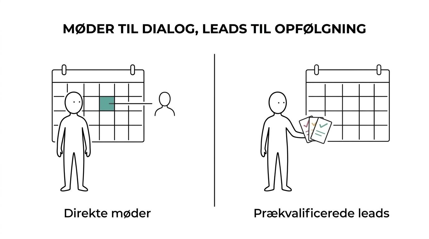 Sammenligning af mødebooking direkte i kalenderen og levering af prækvalificerede leads til intern opfølgning.