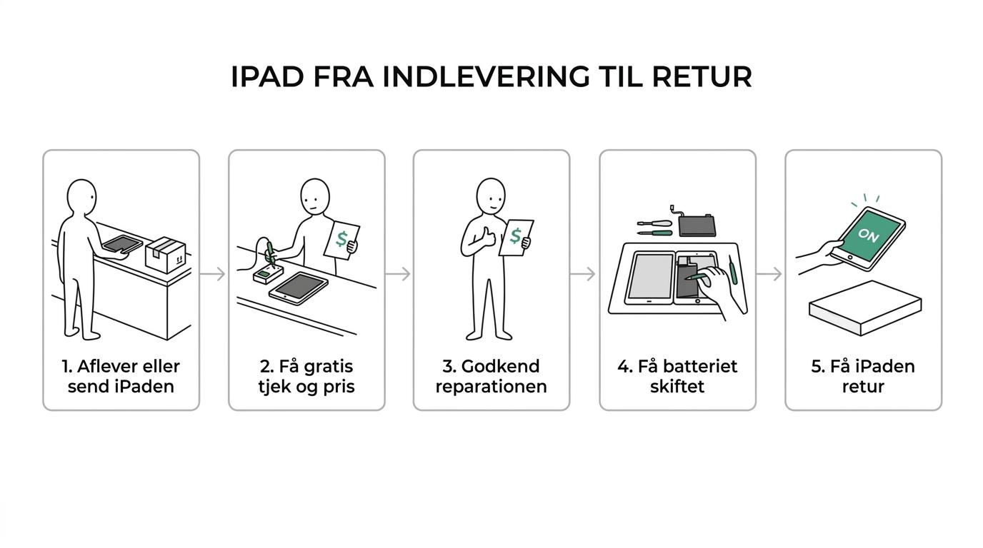 Proces fra indlevering eller forsendelse til gratis fejlsøgning, godkendelse, batteriskift og retur.