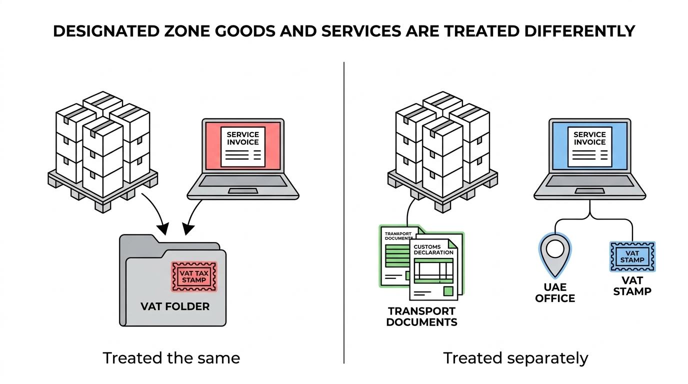 Side-by-side comparison of UAE Designated Zone VAT treatment for goods movements versus services.