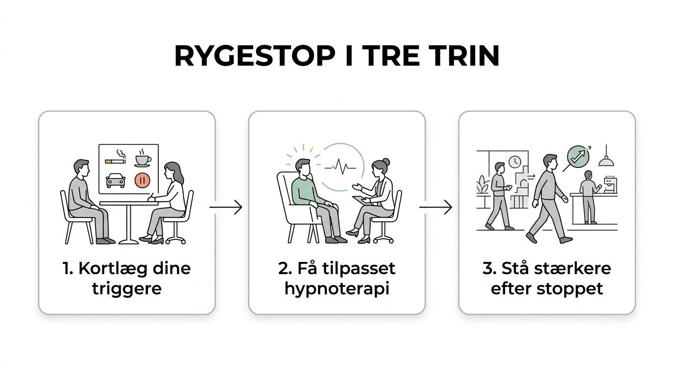 En enkel trinvis oversigt over et rygestopforløb: triggere, målrettet hypnose og støtte efter rygestop.