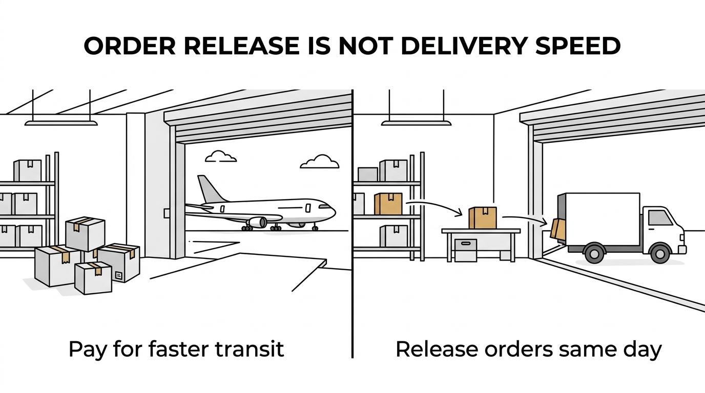 Side-by-side comparison of same-day fulfillment in a warehouse versus two-day delivery through a carrier network.