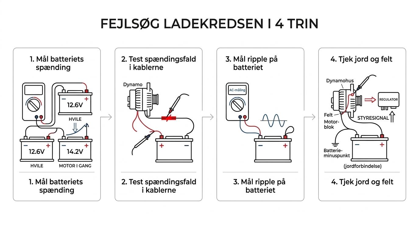 Flowdiagram over fire multimeter-tests på en 24 V båddynamo: hvilespænding, ladespænding, spændingsfald, AC-ripple og regulator/jord-kontrol.