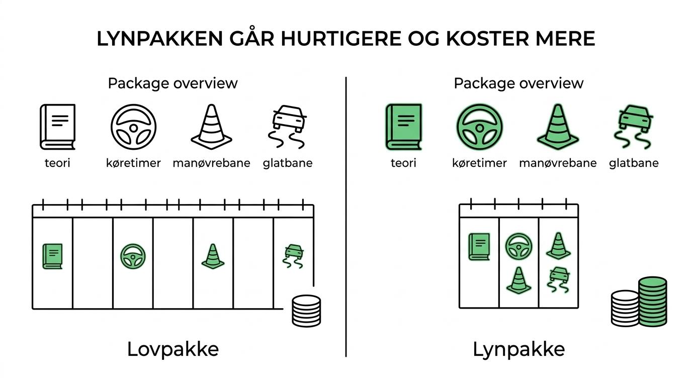 Side-by-side comparison of lovpakke and lynpakke showing the same included training but different tempo, price, and calendar fit.