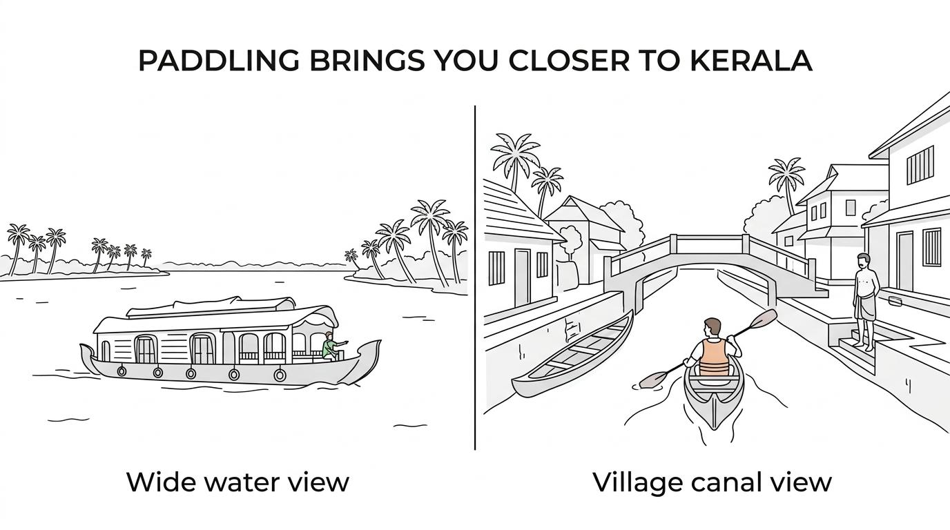 Side-by-side view of a large Kerala houseboat on open backwater and a small canoe gliding through a narrow village canal.