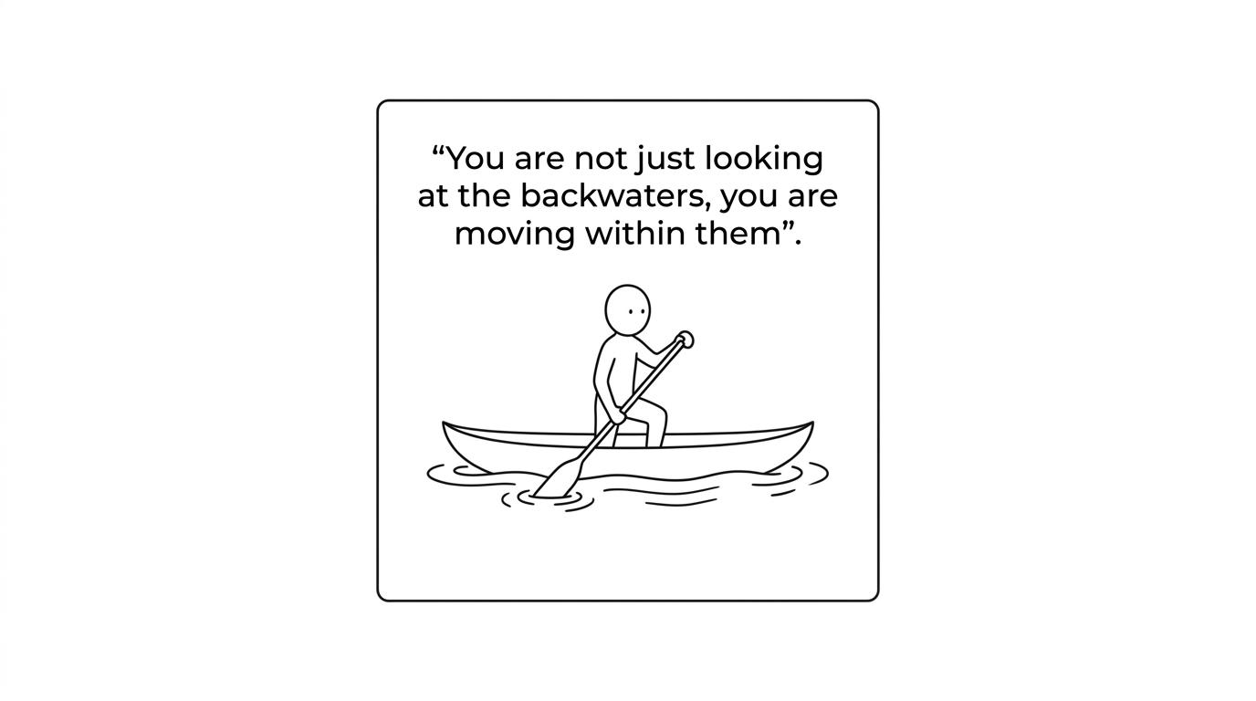 A quote highlight reading, 'You are not just looking at the backwaters. You are moving within them.'
