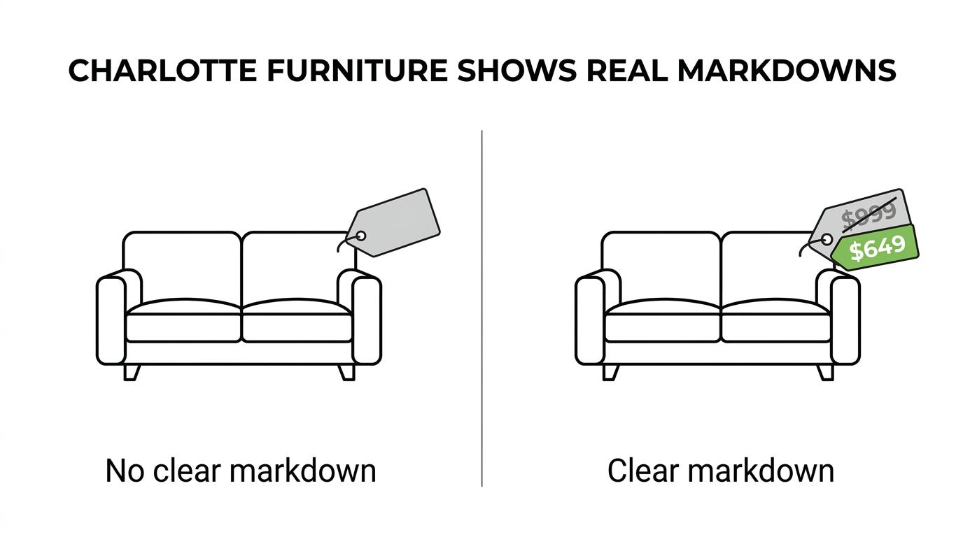Side-by-side comparison of two Charlotte furniture deals showing original prices versus Tony Discount prices for a sofa and a sectional.
