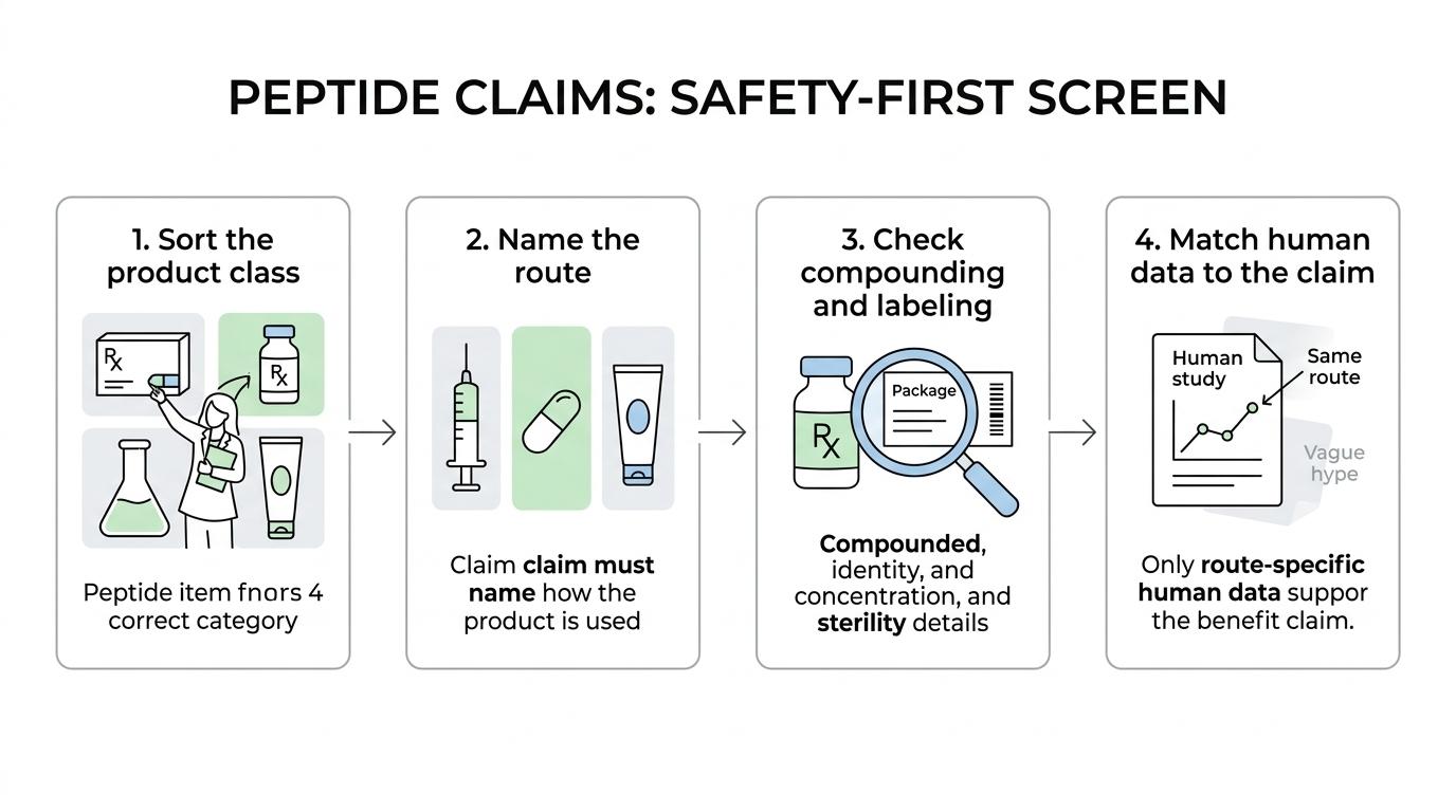 Flowchart showing a safety-first sequence for evaluating peptide claims: product class, route, human evidence, compounding status, quality checks, and peptide-specific risks.