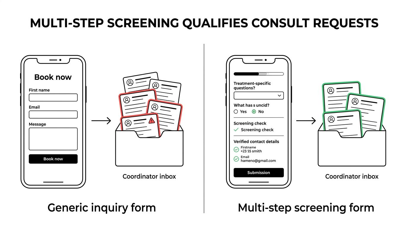 Moduli di contatto per centri estetici medici affiancati: da un lato un modulo generico di richiesta di informazioni di una sola pagina, dall’altro un modulo di screening personalizzato in più fasi con domande specifiche sui trattamenti e procedure di verifica.