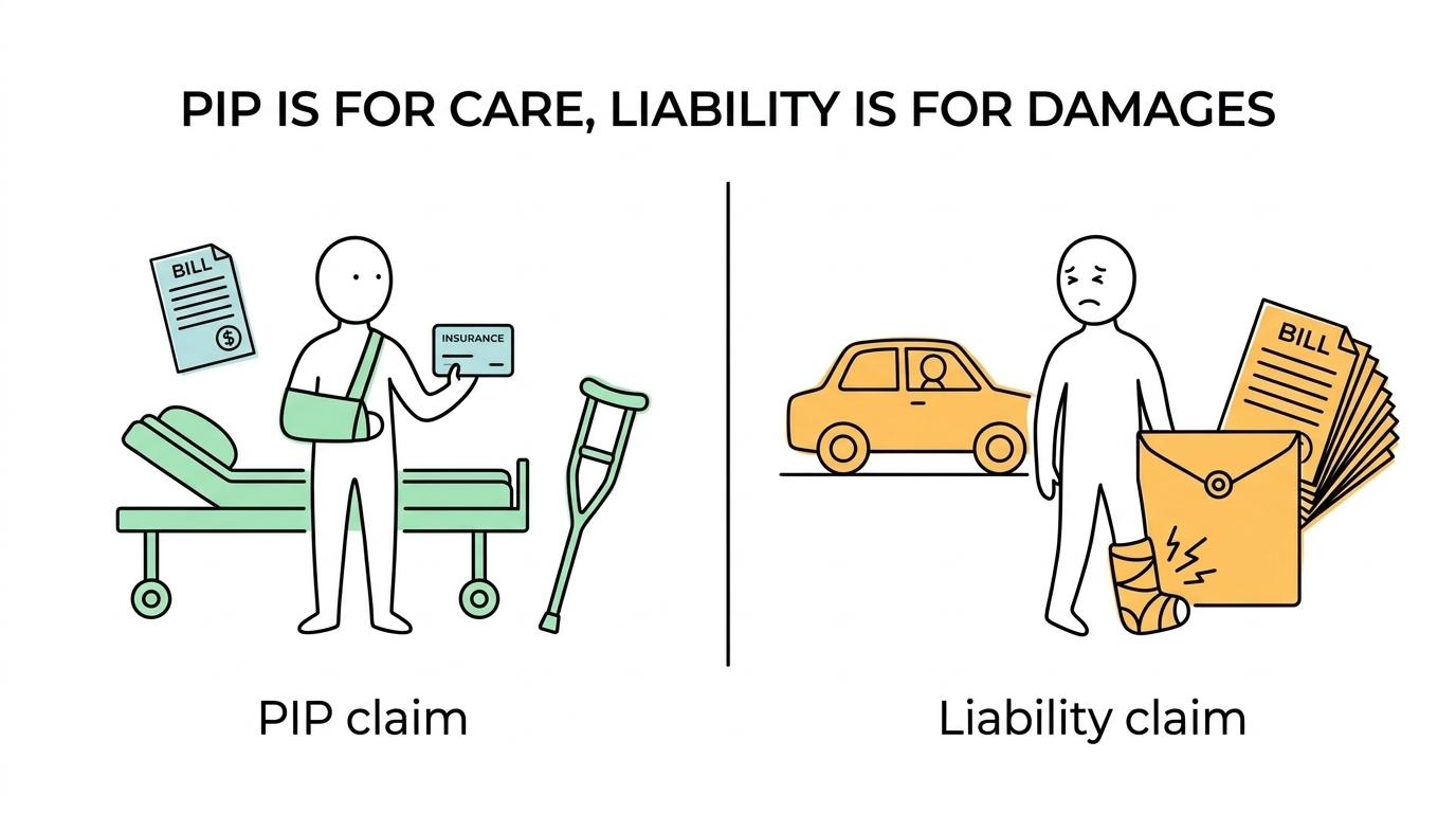 Side-by-side comparison of Michigan no-fault PIP benefits and BI/PD liability claims after a car accident.