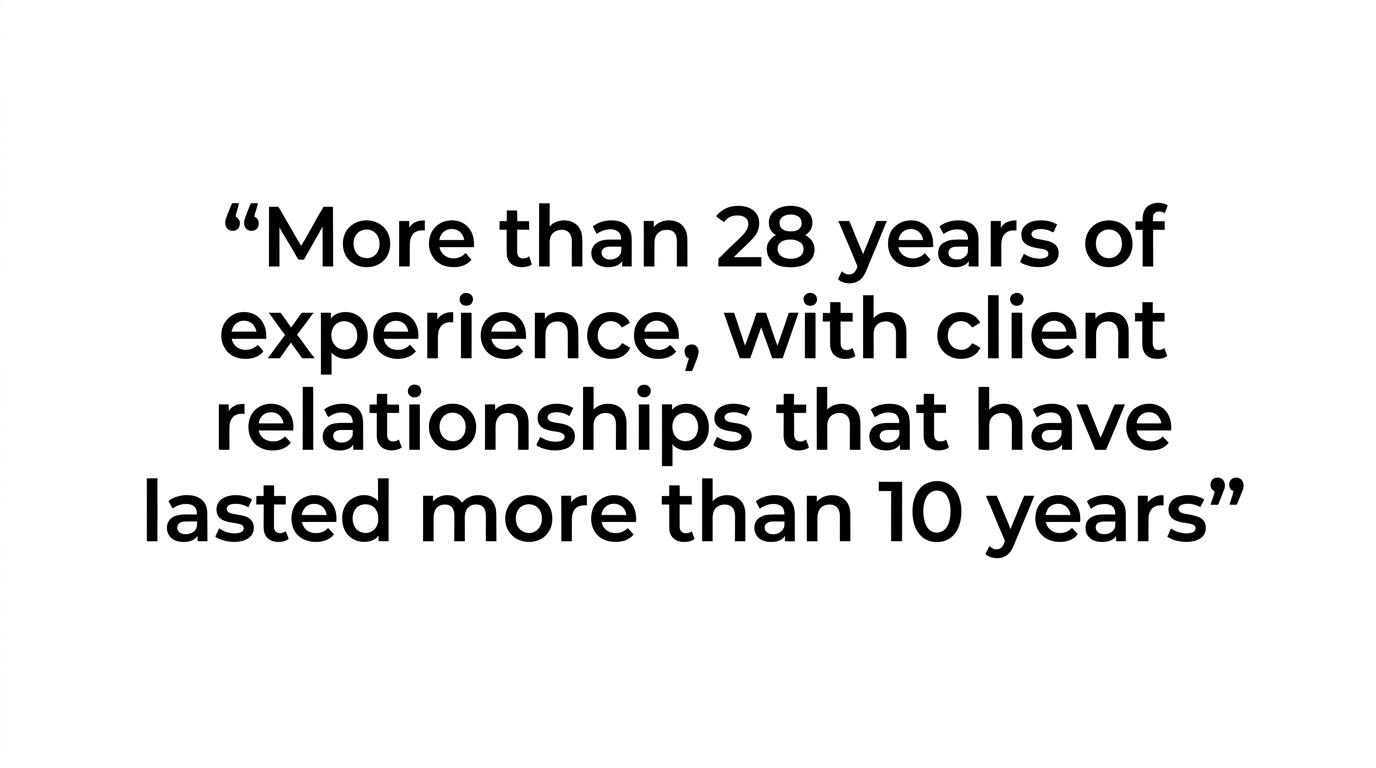 Highlighted quote stating that SRS Networks has more than 28 years of experience and client relationships lasting more than 10 years.