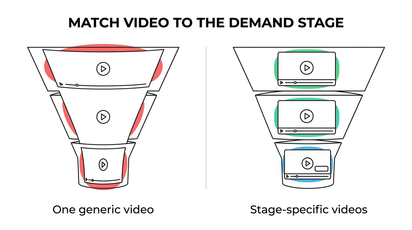 Side-by-side comparison of a single generic corporate video versus a set of shorter B2B video ads tailored to awareness, consideration, and conversion across LinkedIn, YouTube, and retargeting.