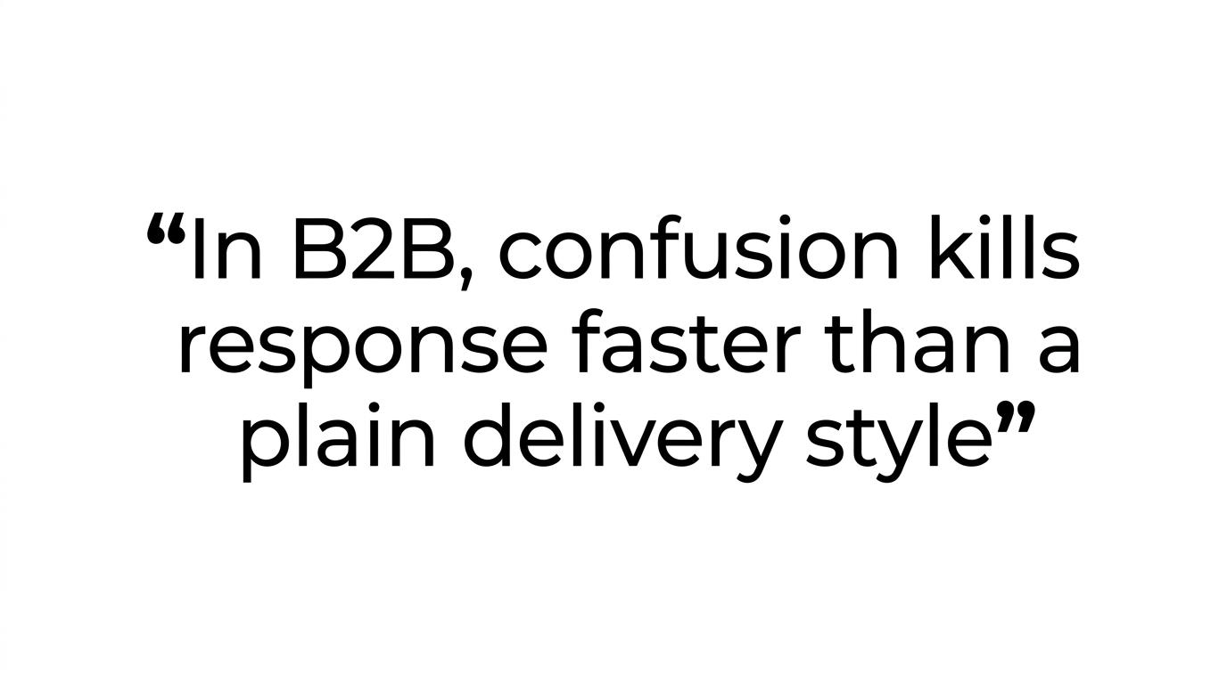 Highlighted quote reading that in B2B, confusion kills response faster than a plain delivery style.