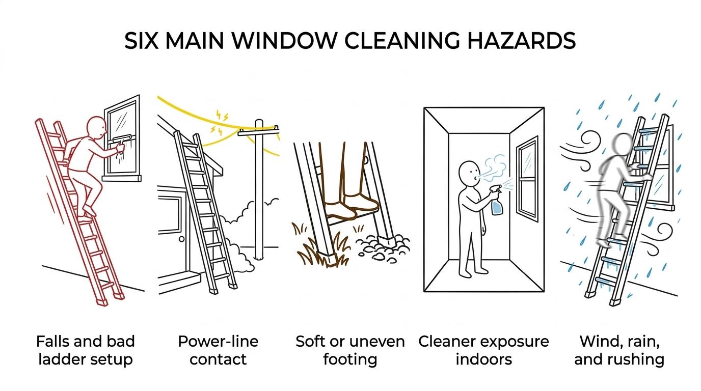 Visual listing six residential window cleaning hazards: falls, bad ladder angle, power lines, unstable ground, cleaner exposure, and wind or rain.