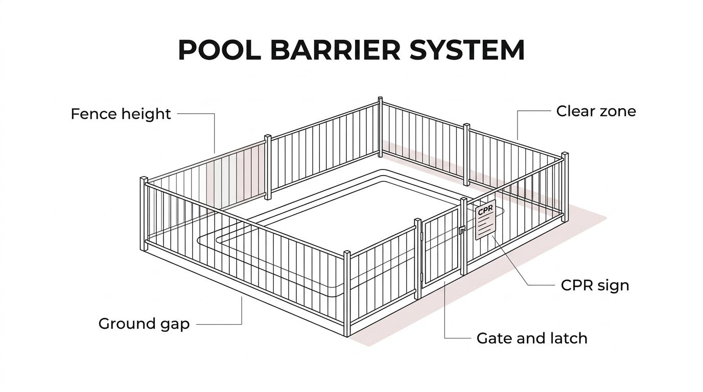Labeled pool barrier diagram showing a backyard pool fence, self-closing gate, CPR sign, fence height, ground gap, and the non-climbable zone around the fence.