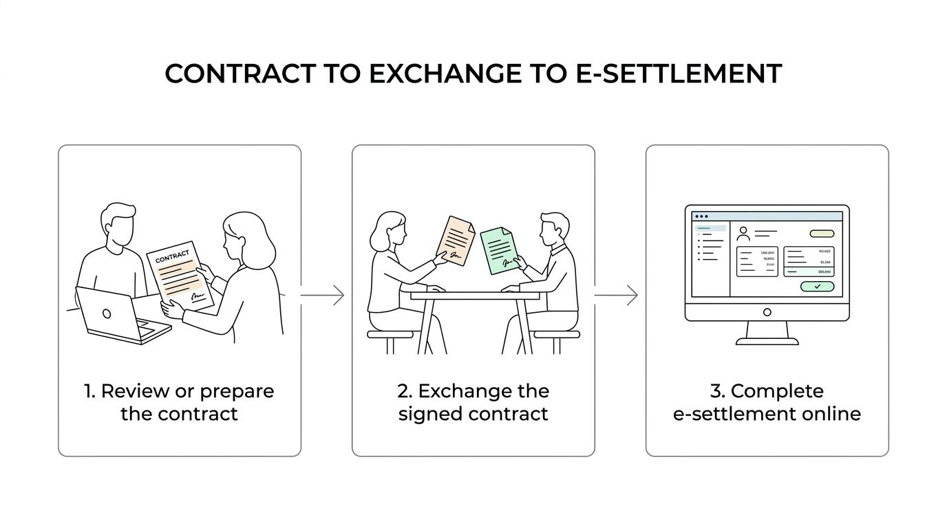Flow showing Chatswood conveyancing steps from contract review or seller contract preparation to exchange and electronic settlement.