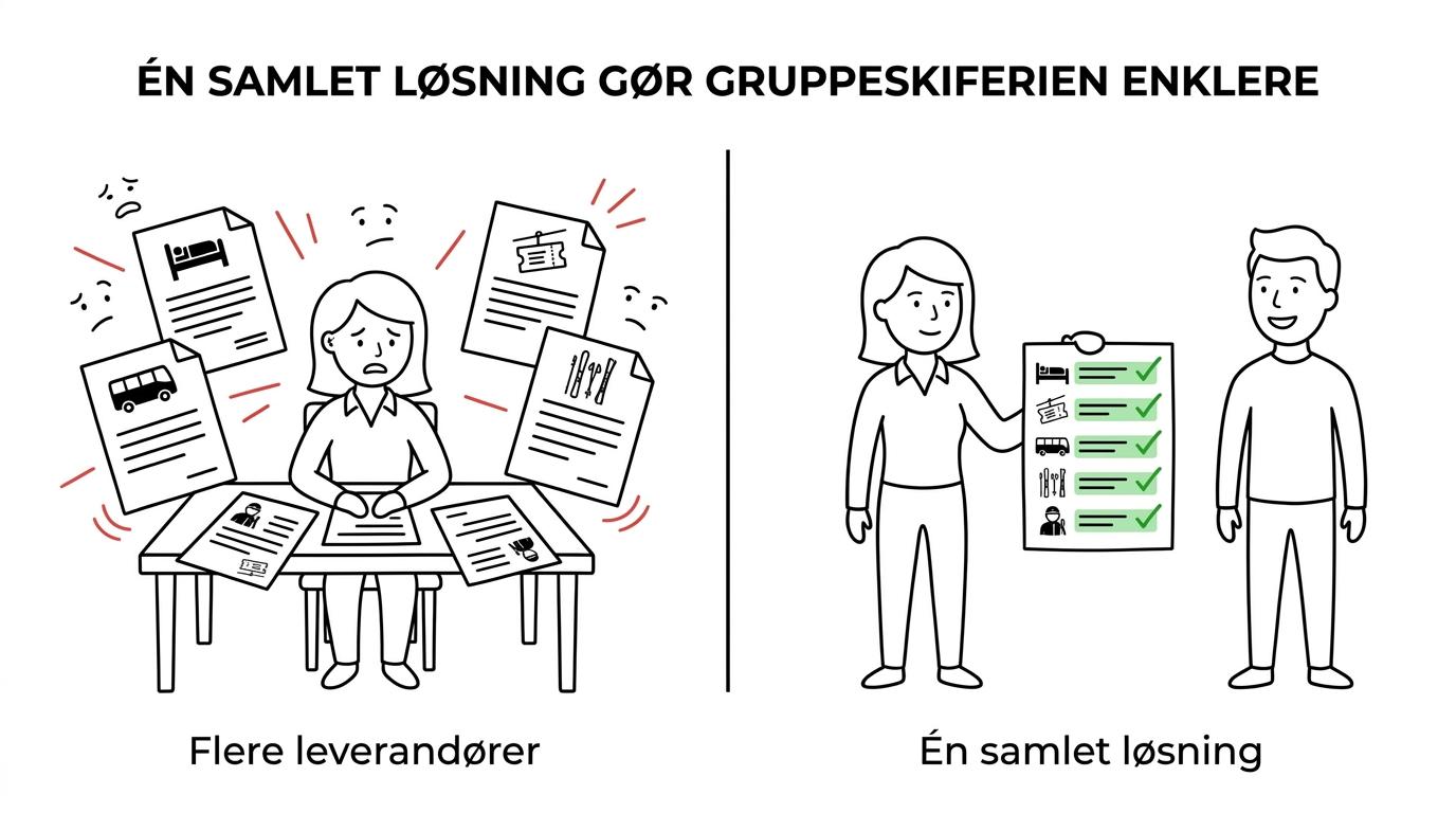 Sammenligning mellem en selvbooket gruppeskiferie med mange separate opgaver og en samlet løsning med dansk kontakt og lokal vært.