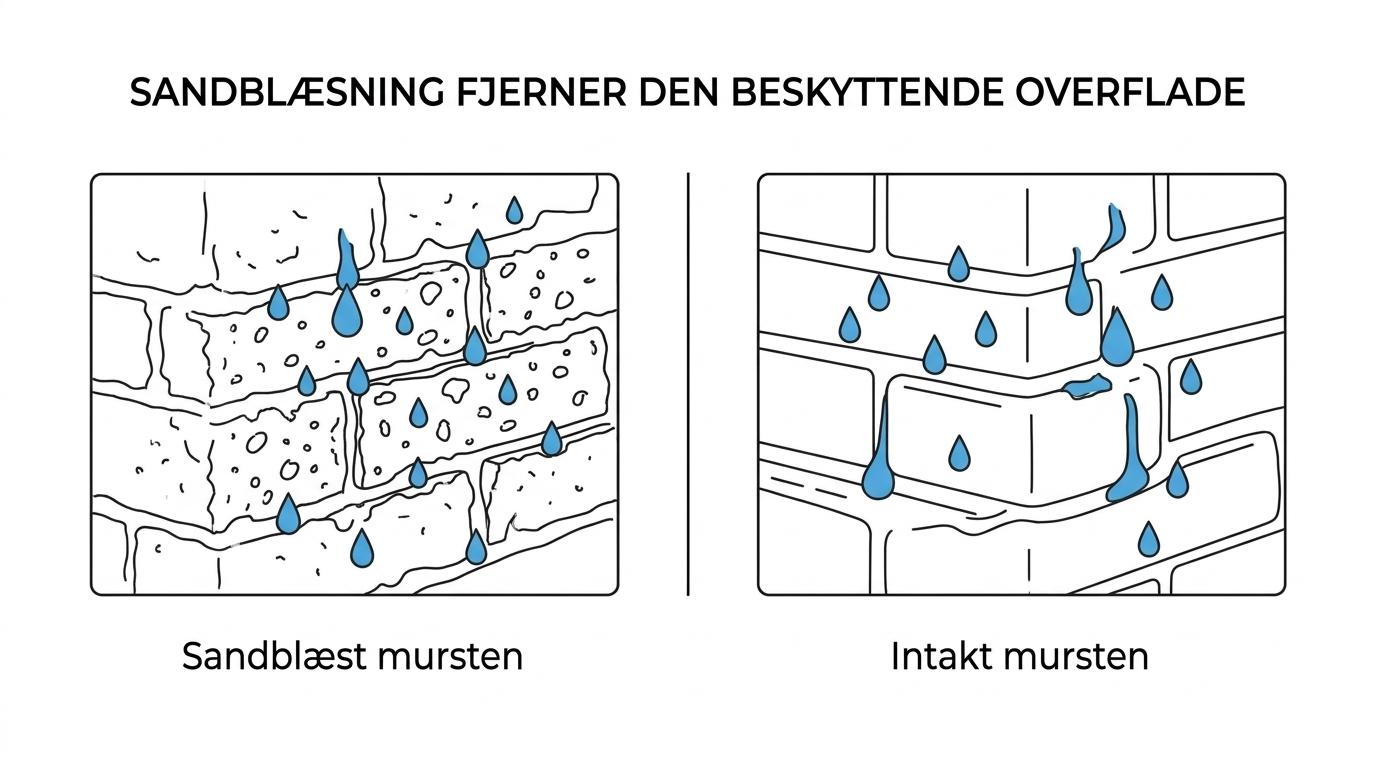 Sammenligning af en intakt murstensoverflade og en sandblæst, ru mursten med åbne porer og svækkede fuger.