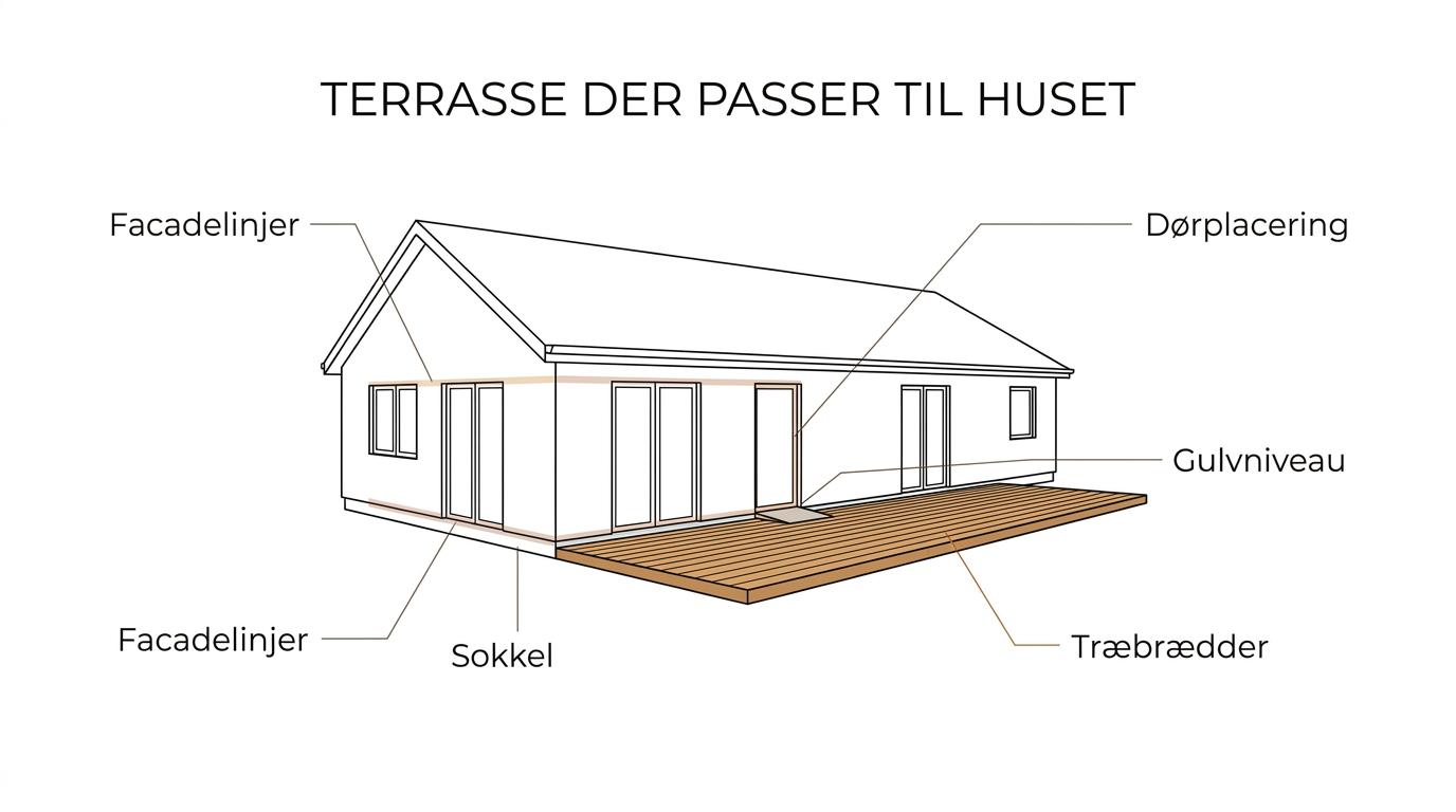Illustration af et parcelhus med terrasse og labels for facade-linjer, adgang, sol og skygge, zoner, trin, afskærmning og overgang til have.