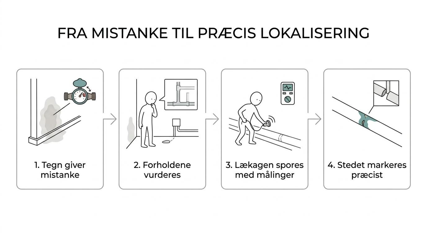 Diagram med fire trin i lækagesporing: første vurdering, måling og sporing, målrettet åbning og dokumentation.