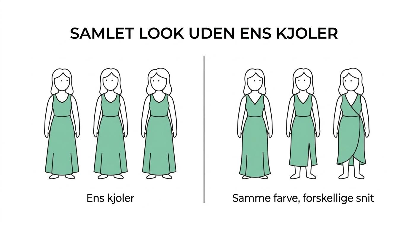 Sammenligning af tre brudepige-stilarter: ens kjoler, samme farve i forskellige snit og et friere miks.