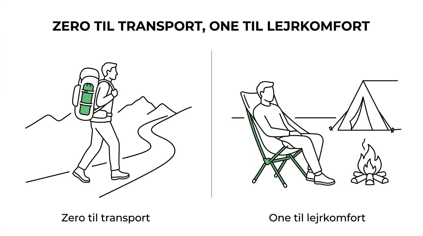 Side-by-side sammenligning af Helinox Chair Zero og Chair One med vægt, pakkestørrelse, bæreevne og bedst egnede brugsscenarier.