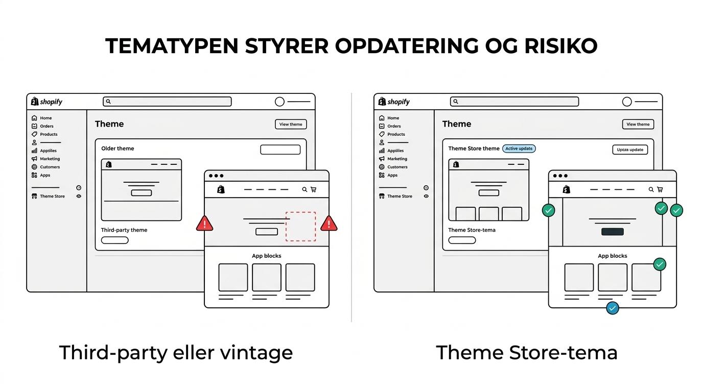 Sammenligning af tre Shopify-tematyper: Theme Store themes, third-party themes og vintage themes med forskelle i opdateringer og vedligeholdelse.
