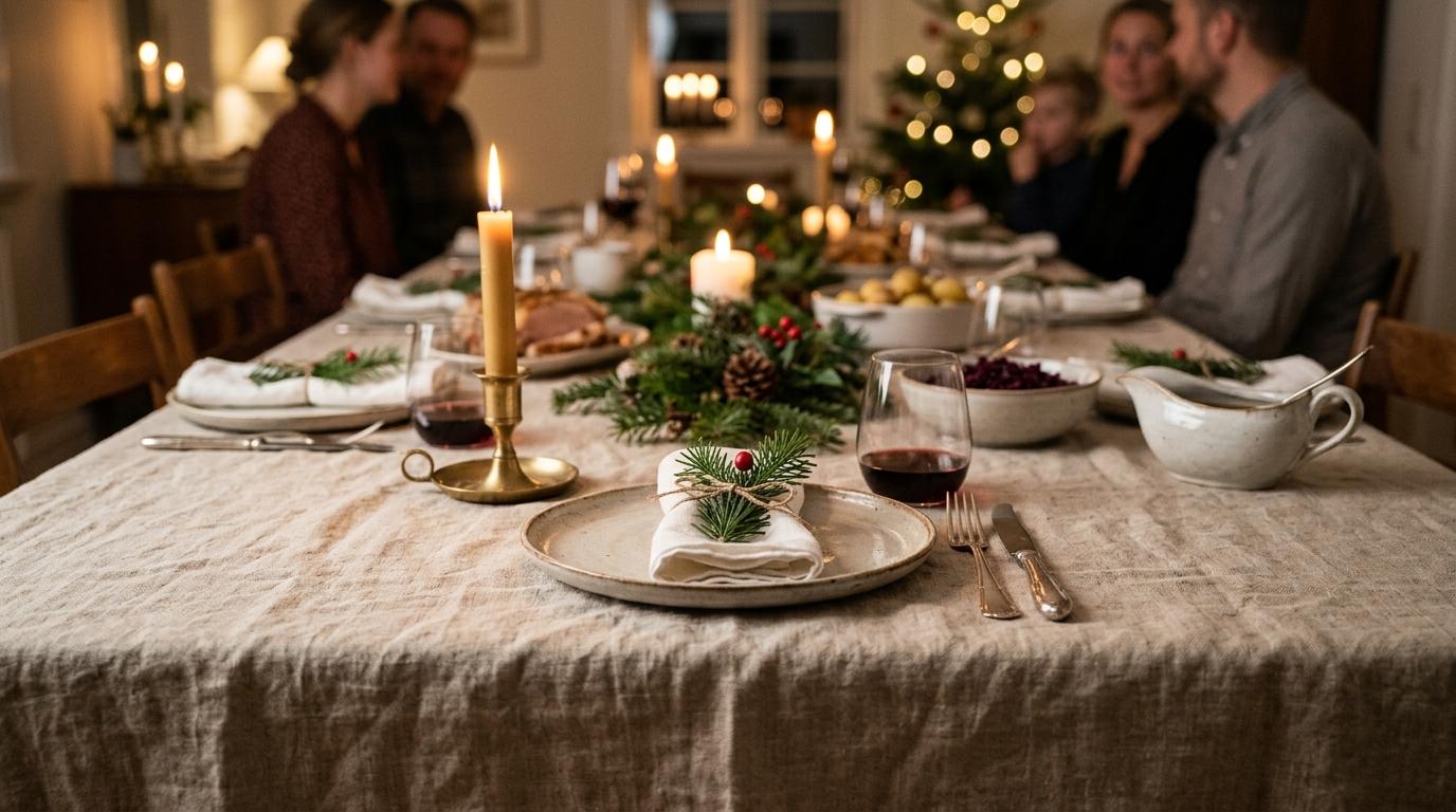 Et langt julebord med hørdug, glas, keramik, grene og varme lys.
