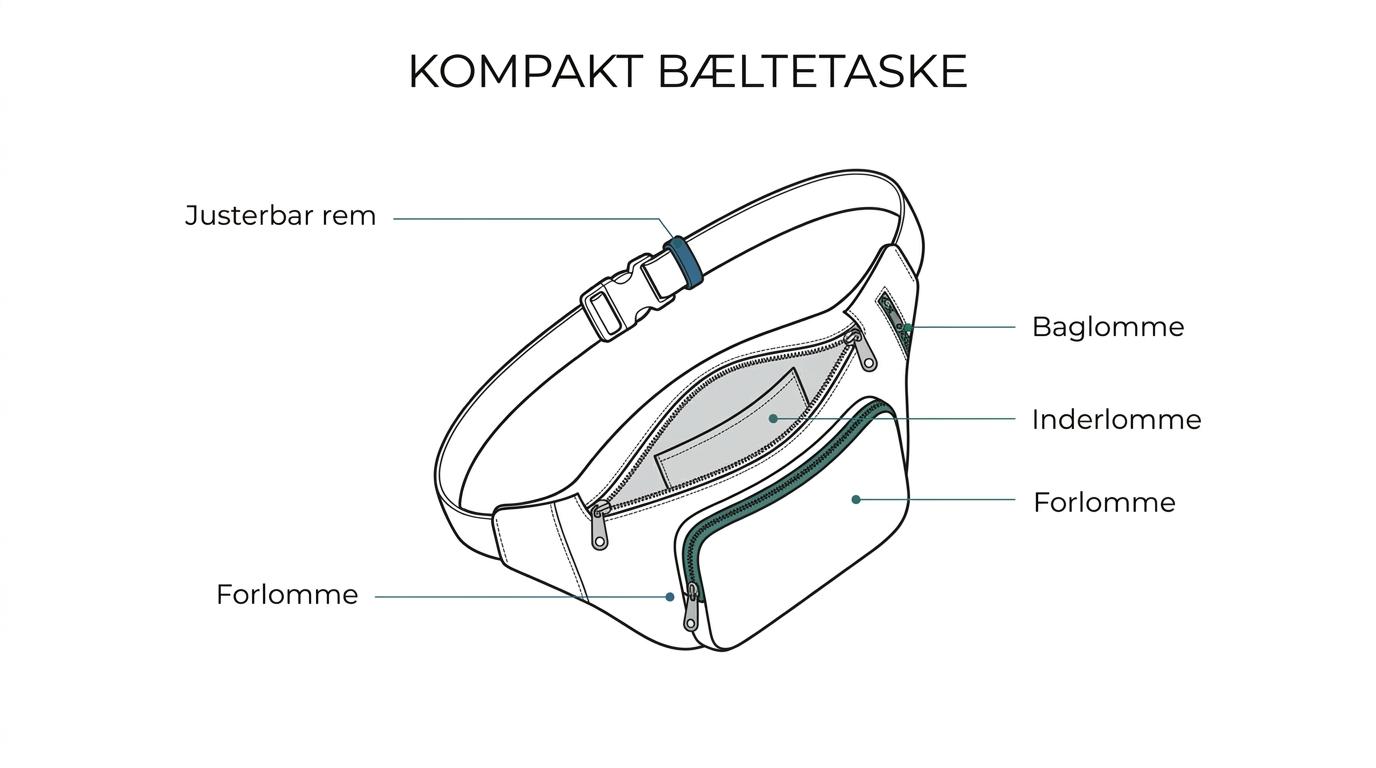 Illustration af en Belsac bæltetaske i læder med markeringer af justerbar rem, hovedrum og lynlåslommer foran, bagpå og indvendigt.