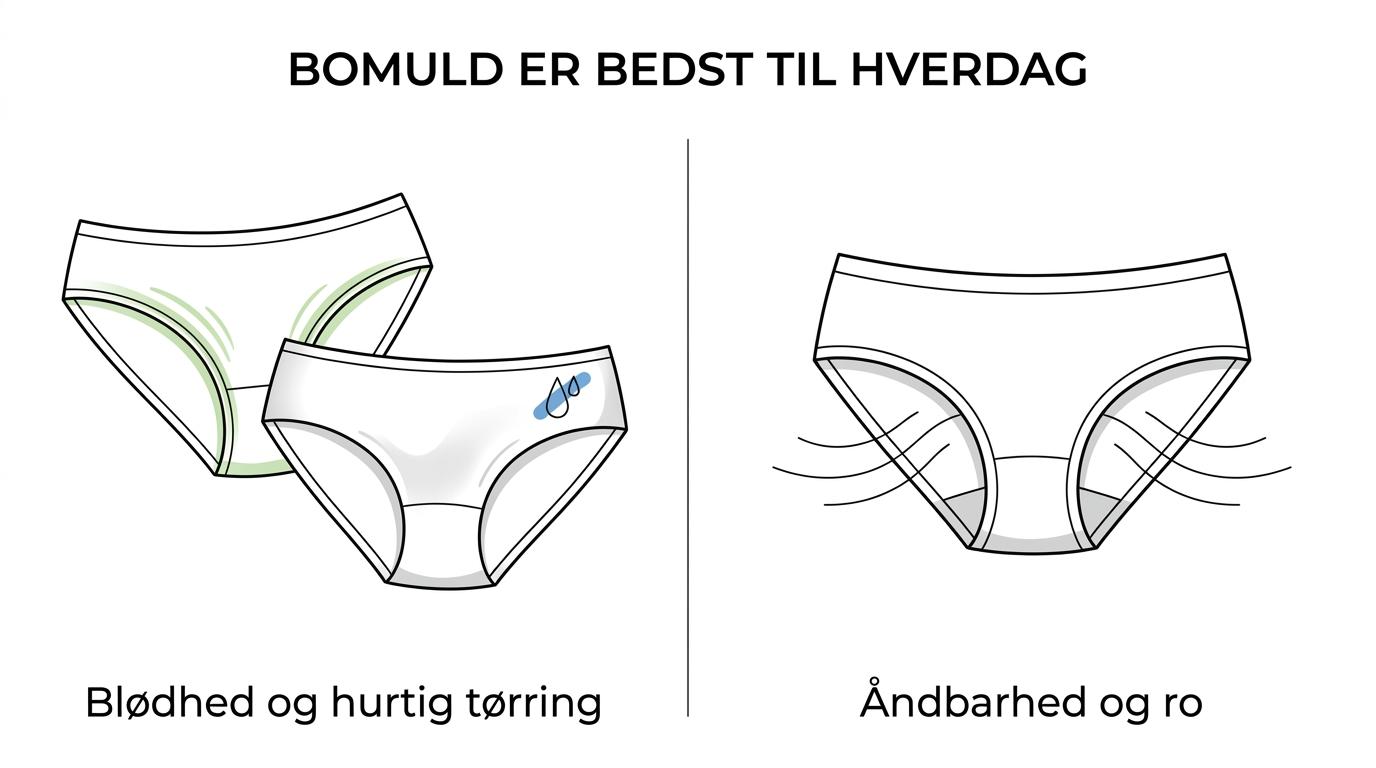 Sammenligning af dametrusser i bomuld, bambus og mikrofiber med forskelle i åndbarhed, blødhed og tørretid.