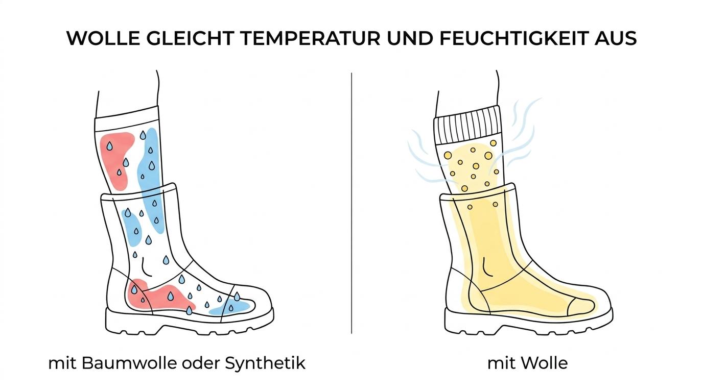 Gegenüberstellung von Woll-, Baumwoll- und synthetischen Kniestrümpfen bei Wärme, Feuchtigkeitsgefühl, Temperaturausgleich, Geruch und Hautgefühl im Winter.