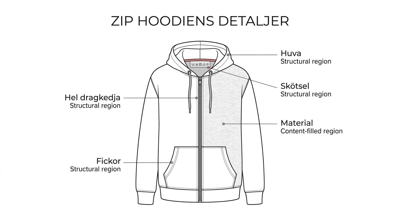 En zip hoodie med utpekade detaljer som hel dragkedja, huva med dragsko, framfickor och materialinformation.