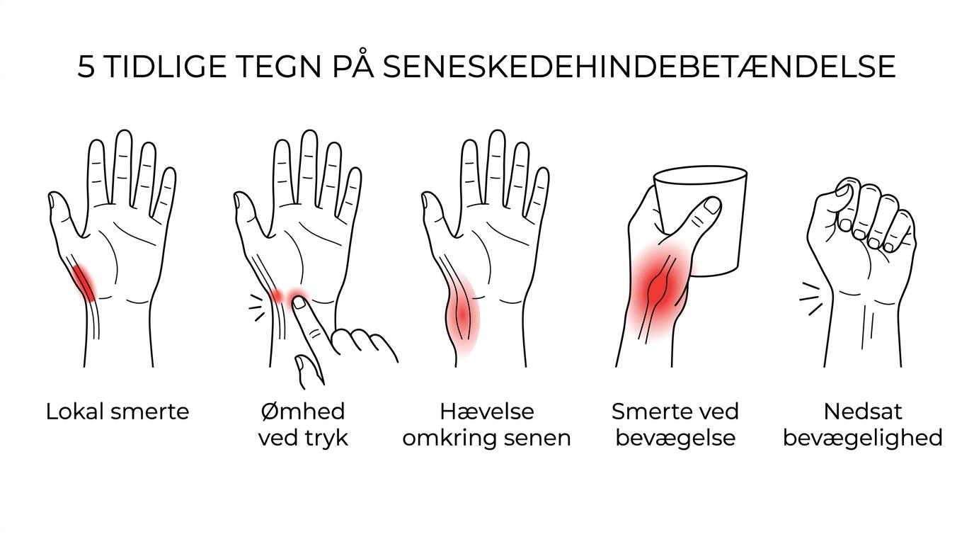 Grafik med et håndled og tommelfinger samt fem markerede tidlige tegn: lokal smerte, ømhed, hævelse, smerte ved bevægelse og nedsat bevægelighed.