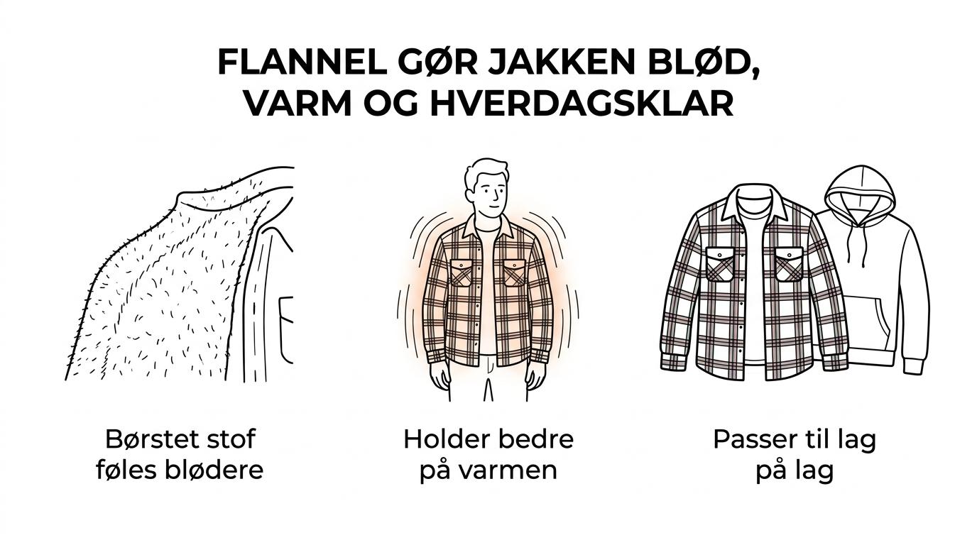 Infografik med de vigtigste fordele ved en skovmandsjakke i flannel: blødhed, varme, lag-på-lag og brug til hverdagen.