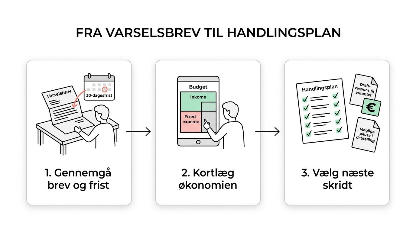 Trinvis oversigt over forløbet fra brev fra Gældsstyrelsen til budgetoverblik, vurdering af muligheder og en realistisk plan.