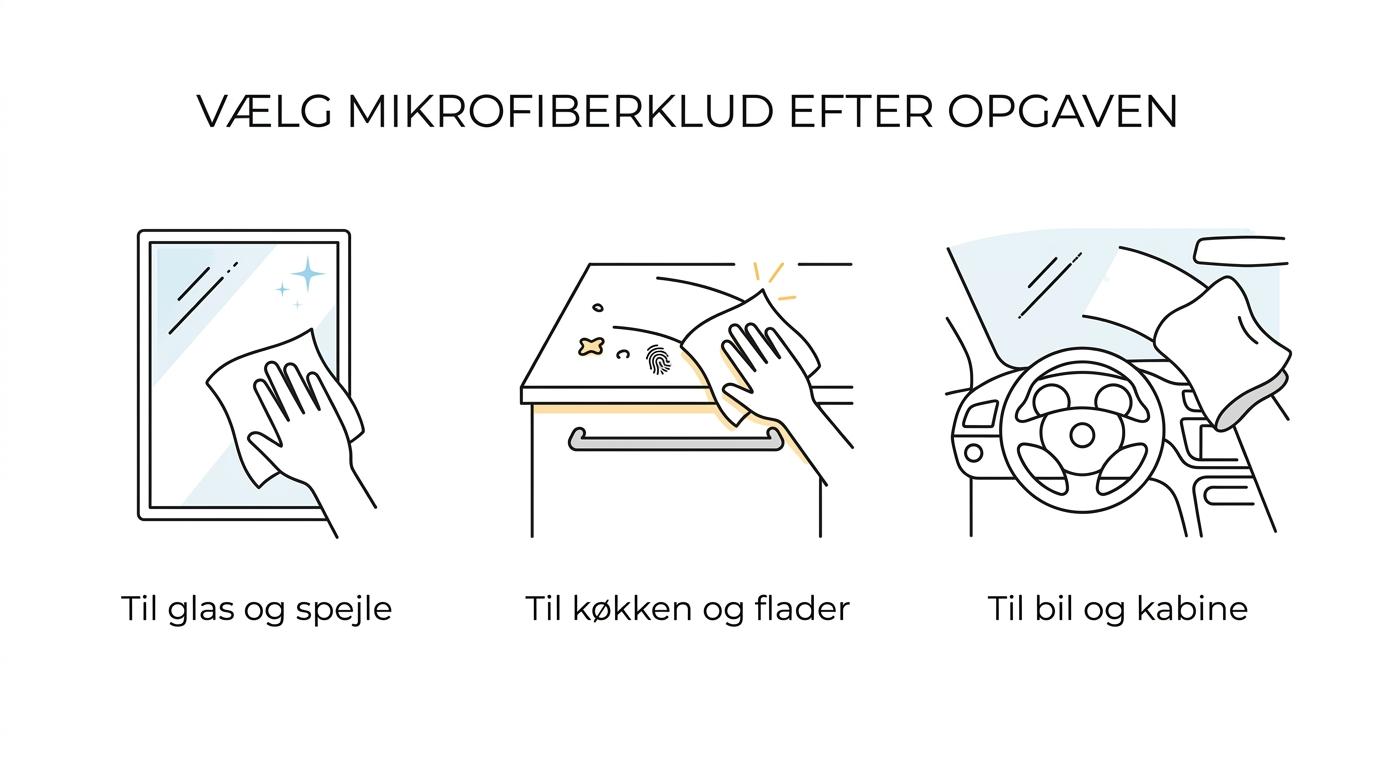 Oversigt over mikrofiberklude til glas, køkken og bil med hver deres typiske rengøringsopgave.