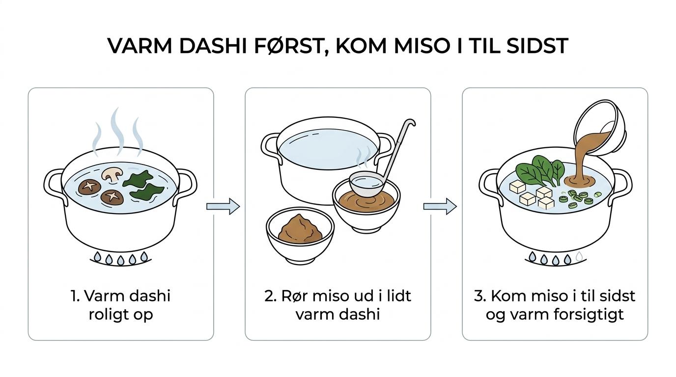 Trinvis oversigt over misosuppe med varm dashi, svampe, udrørt miso, tofu, grønt og servering.