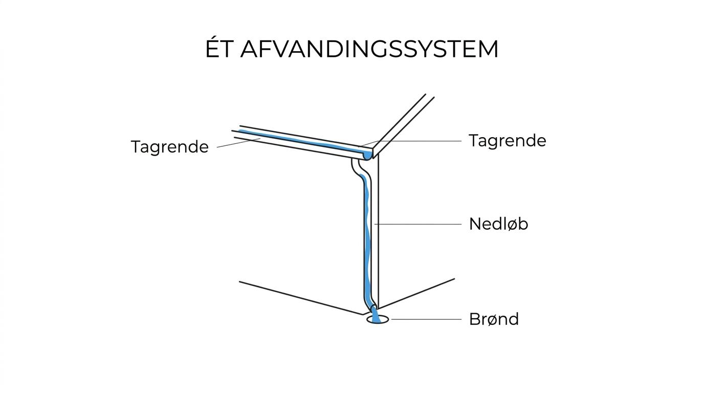 Labeled house drainage system showing gutter, downpipe, downpipe well, and where blockages can stop rainwater flow.