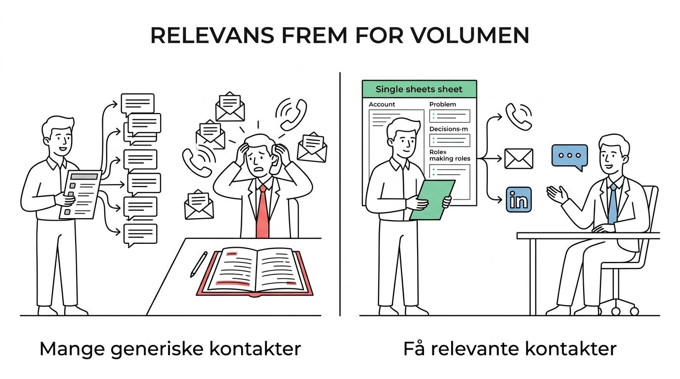 Side-by-side sammenligning af klassisk telemarketing og C-level mødebooking med forskelle i volumen, research, budskab og opfølgning.